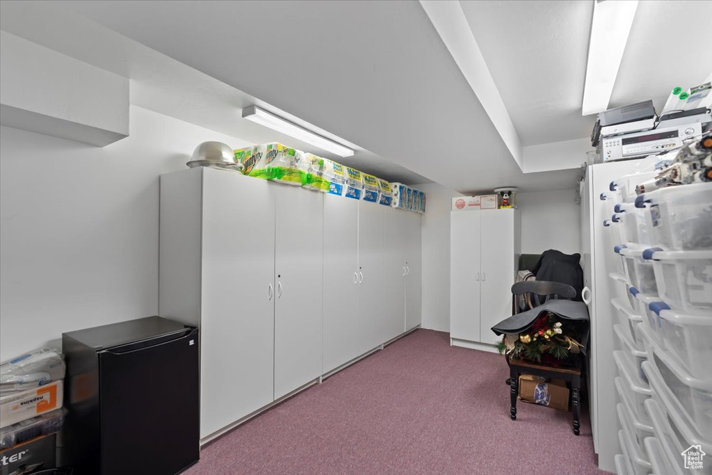 Below grade area with carpet and refrigerator