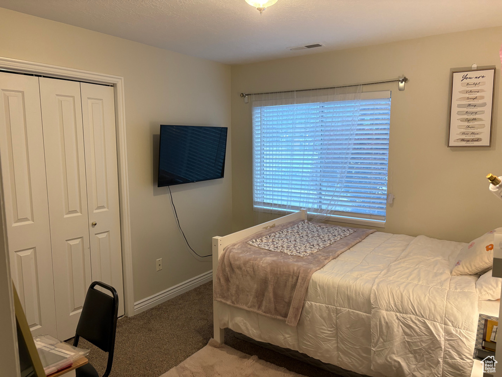 Bedroom with carpet, a closet, and baseboards