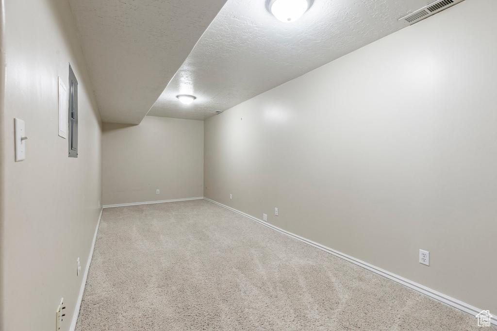 Finished below grade area featuring baseboards, carpet floors, and a textured ceiling