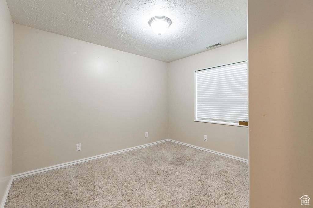 Empty room featuring a textured ceiling, carpet flooring, and baseboards