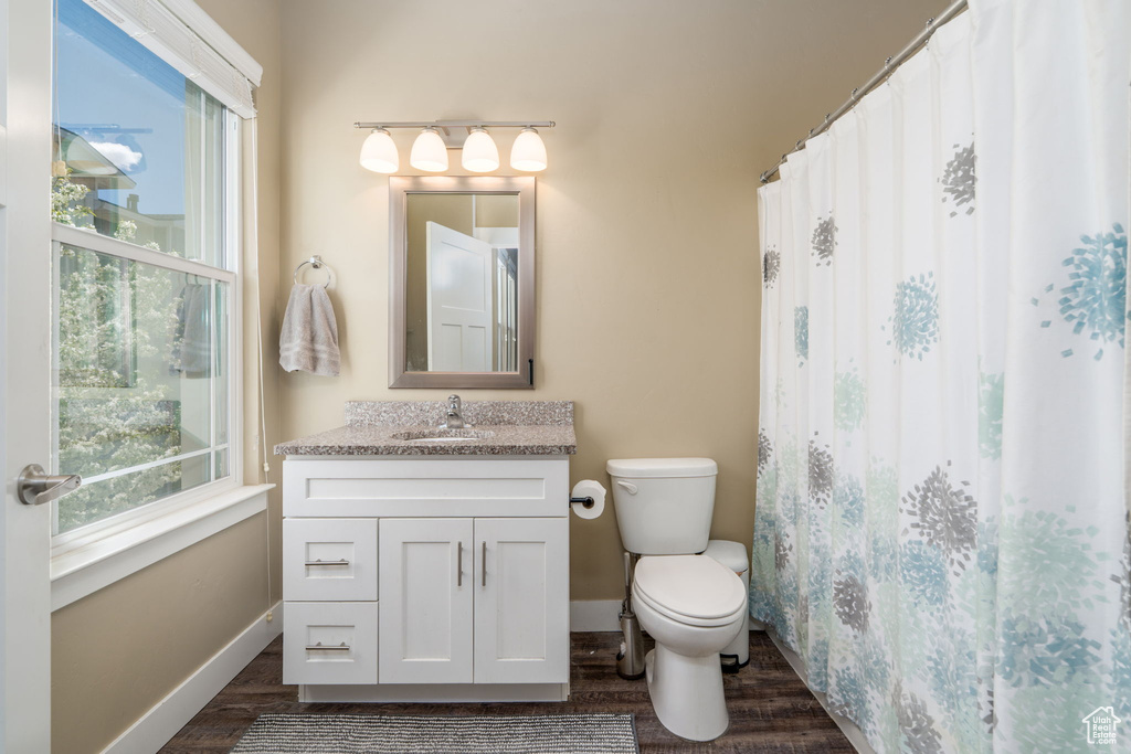 Bathroom with wood finished floors, toilet, vanity, baseboards, and curtained shower