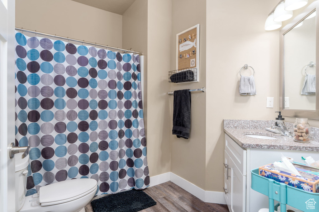 Bathroom featuring wood finished floors, vanity, baseboards, toilet, and curtained shower