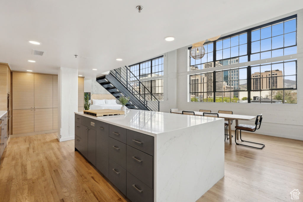 Kitchen with modern cabinets, light wood finished floors, a center island, recessed lighting, and dark cabinetry