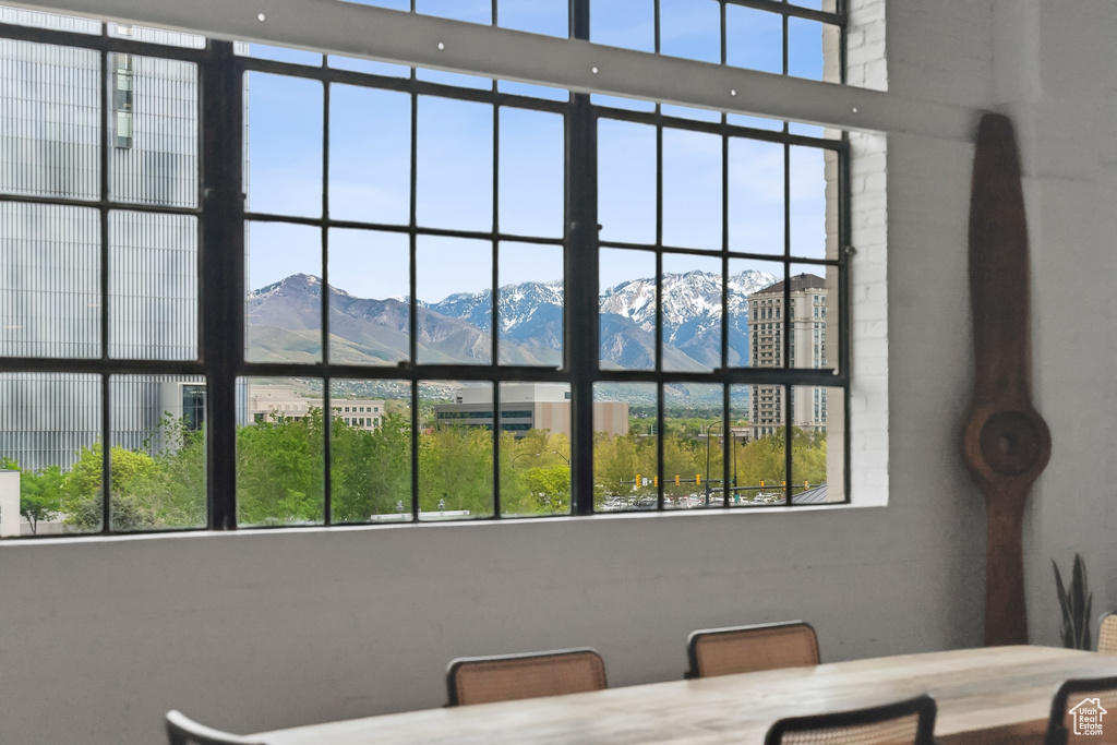 Dining room with a mountain view
