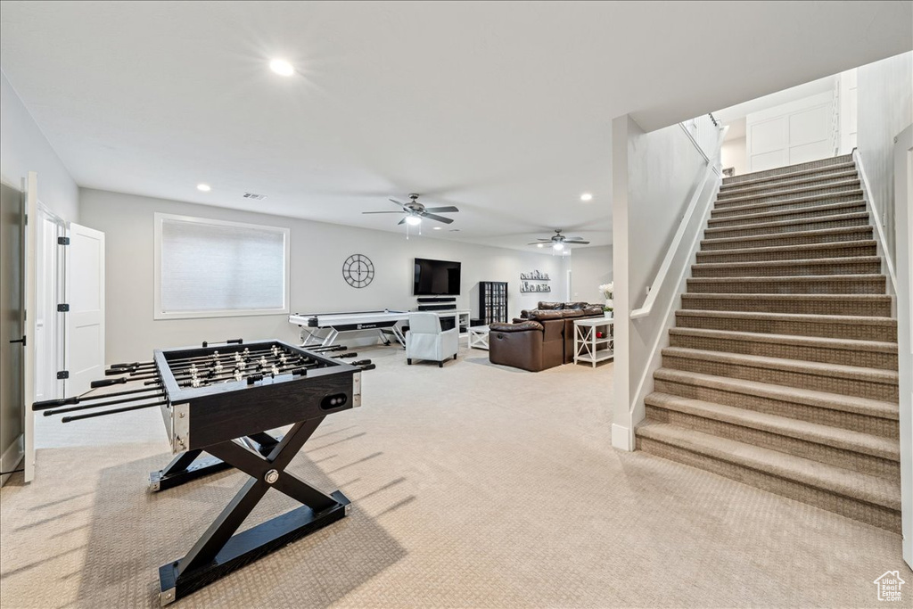 Playroom featuring recessed lighting, carpet, and a ceiling fan