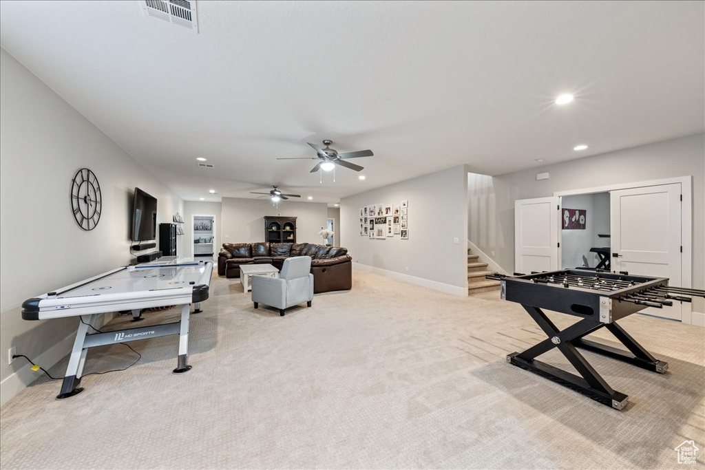 Playroom featuring carpet floors, recessed lighting, baseboards, and a ceiling fan