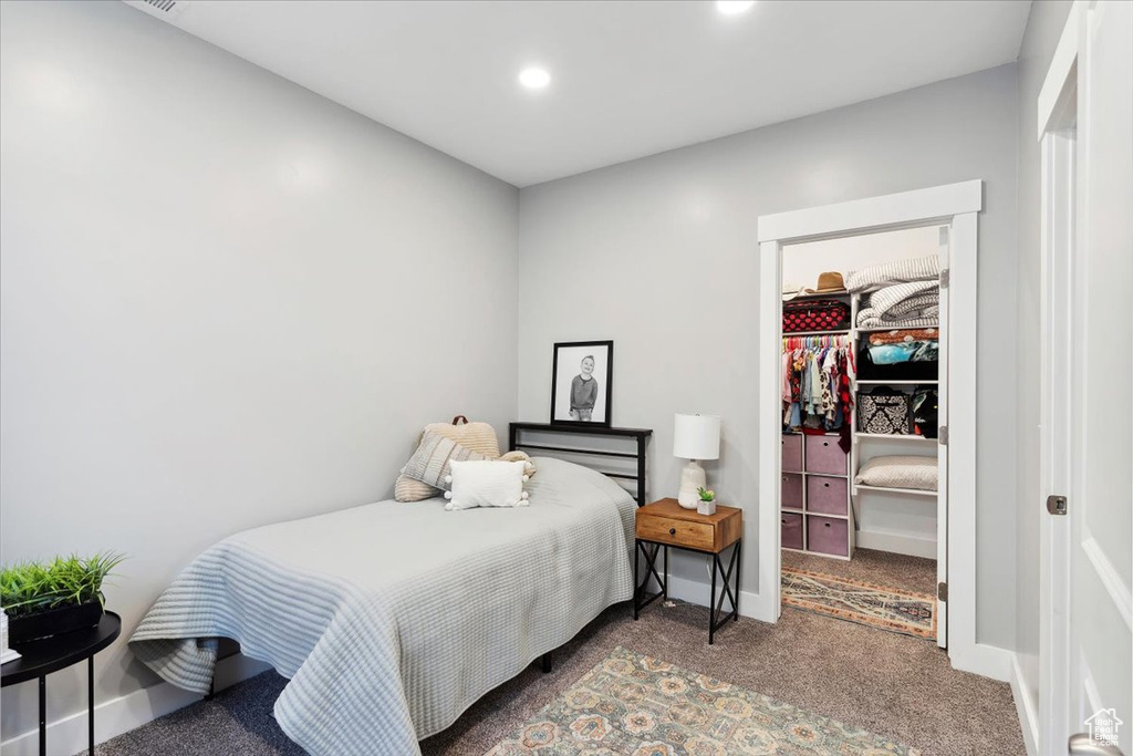 Carpeted bedroom with a spacious closet, a closet, baseboards, and recessed lighting