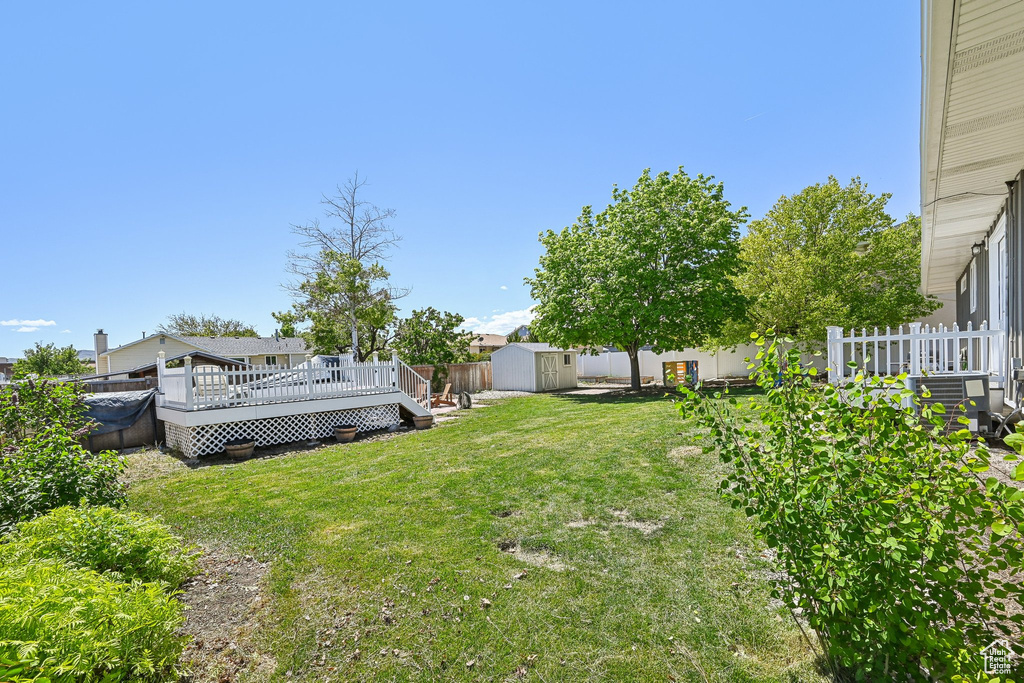 View of yard featuring a storage unit, an outdoor structure, and a deck