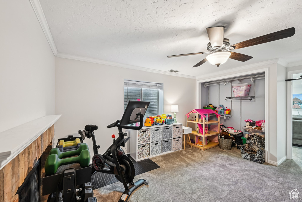 Exercise room featuring ceiling fan, carpet floors, ornamental molding, and a textured ceiling