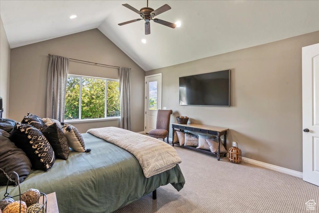 Bedroom featuring carpet, vaulted ceiling, baseboards, recessed lighting, and ceiling fan