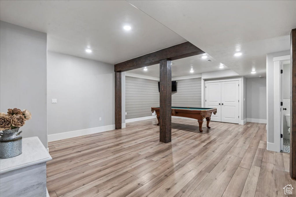 Game room featuring light wood-style flooring, baseboards, billiards, recessed lighting, and beam ceiling