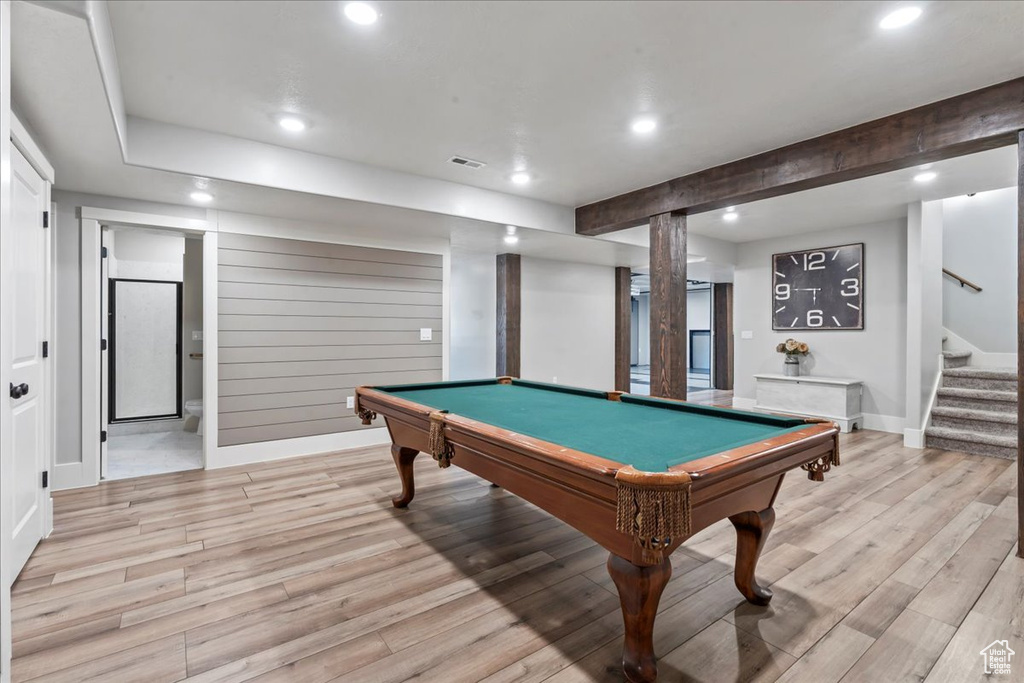 Playroom featuring recessed lighting, light wood-style flooring, baseboards, and pool table