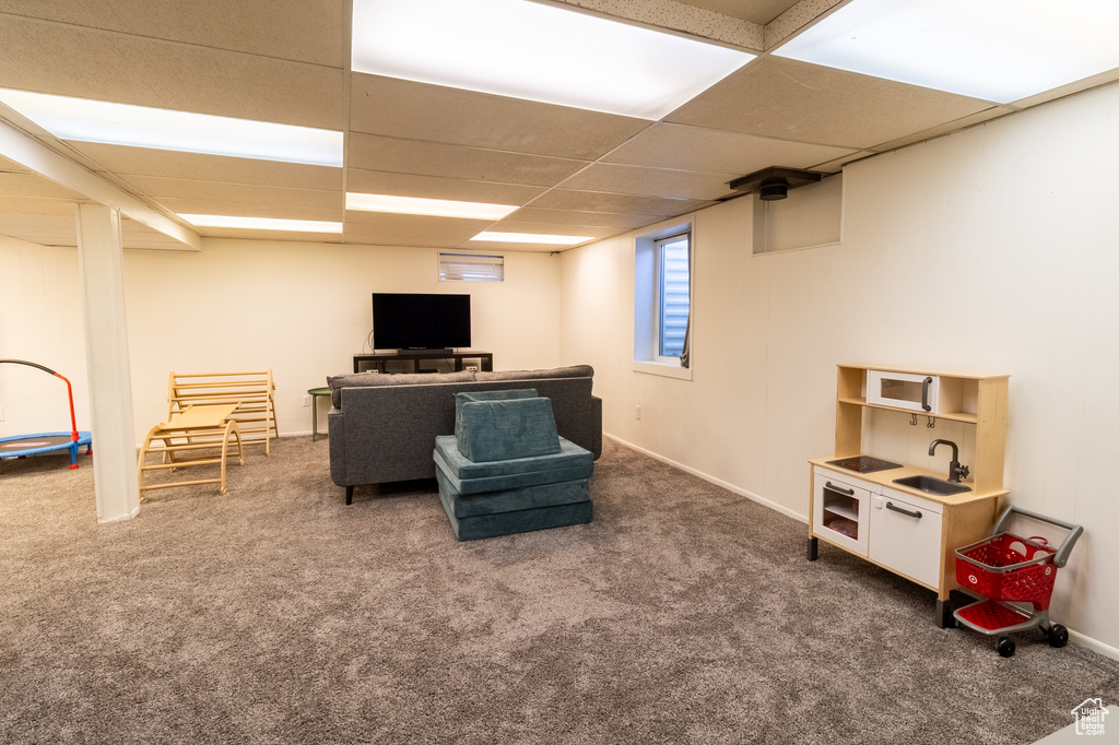 Carpeted living area with a sink and a paneled ceiling