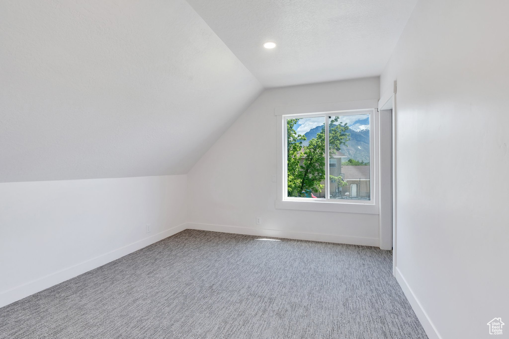 Additional living space featuring lofted ceiling, baseboards, and carpet