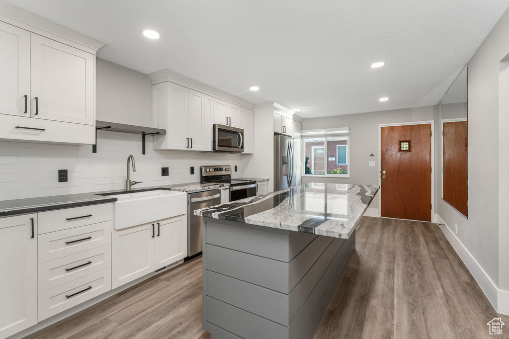 Kitchen featuring stainless steel appliances, a sink, light wood finished floors, a kitchen island, and decorative backsplash