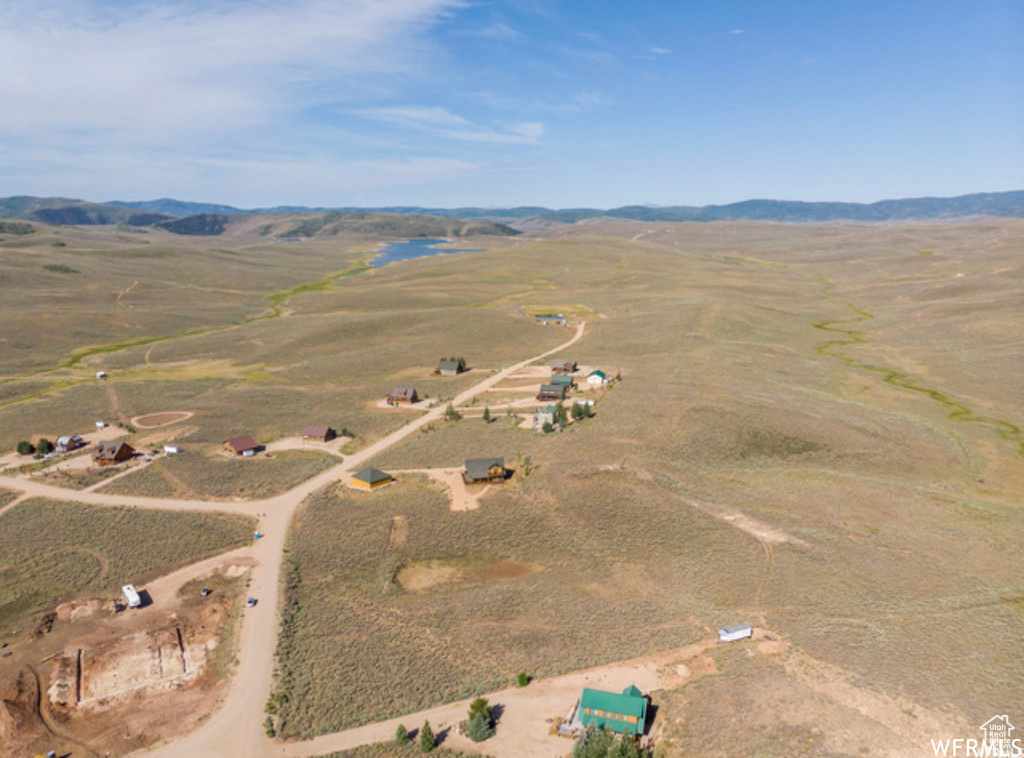 Aerial overview of property's location with a mountainous background and rural landscape