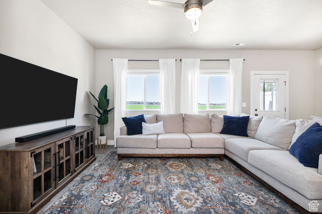 Living area with ceiling fan