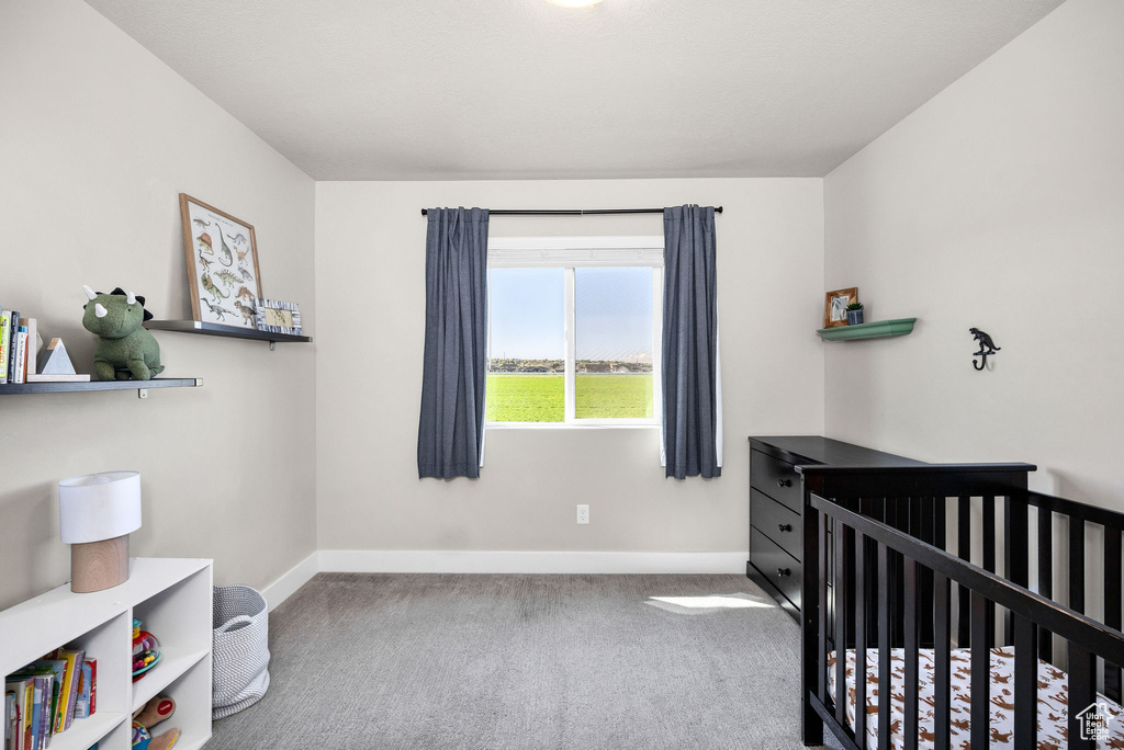 Carpeted bedroom featuring baseboards and a crib