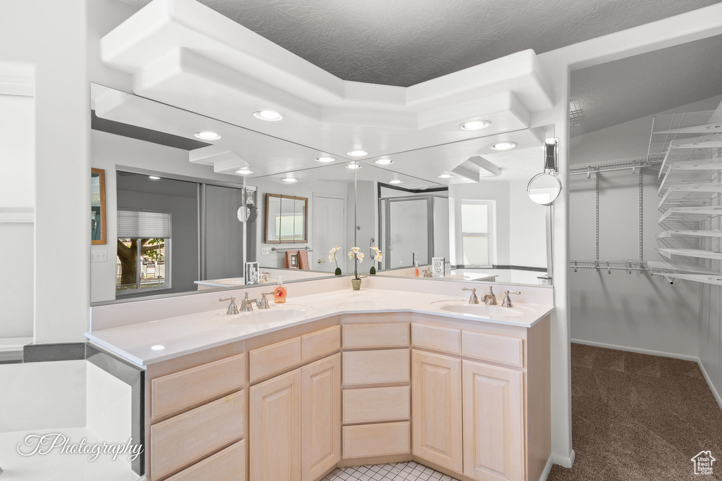 Full bathroom featuring double vanity, a stall shower, a walk in closet, and recessed lighting
