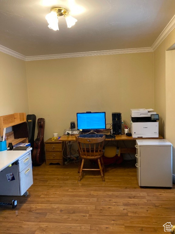 Office space with ornamental molding and wood finished floors