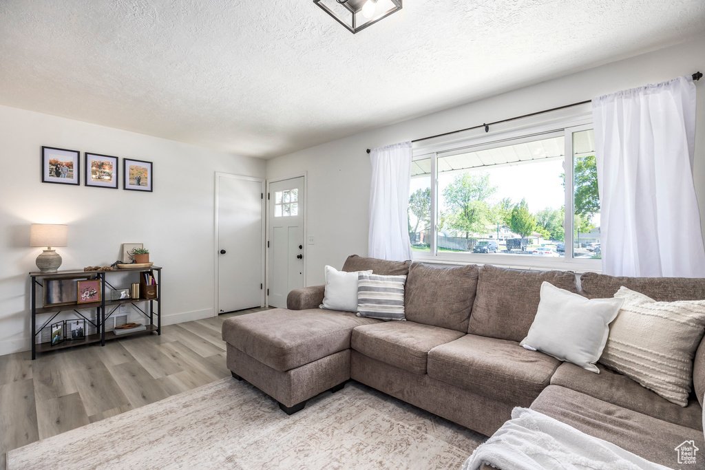 Living area with light wood-type flooring, a textured ceiling, and baseboards