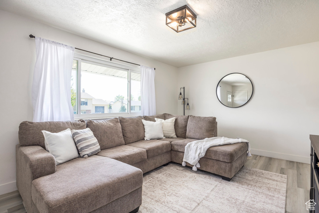 Living area with a textured ceiling, light wood finished floors, and baseboards