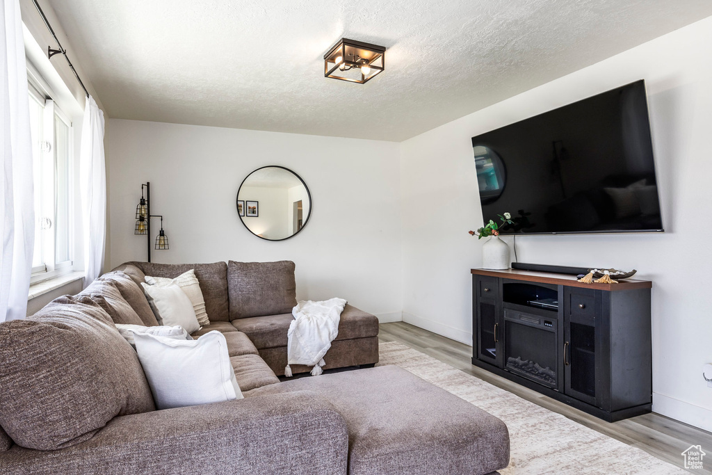 Living room featuring light wood finished floors, baseboards, and a textured ceiling