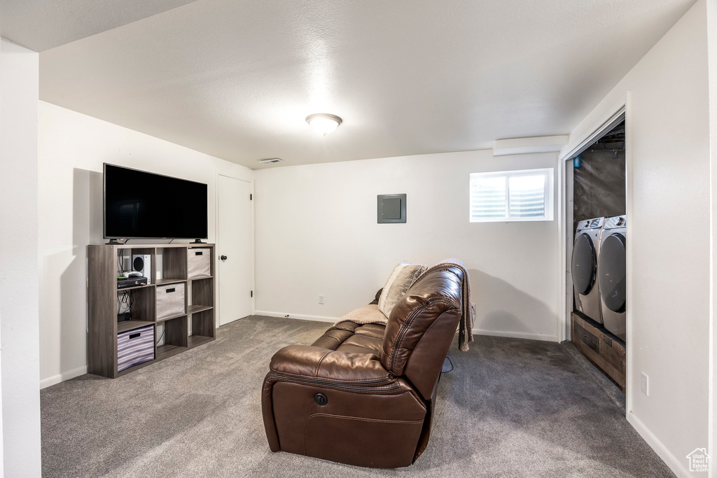 Living area with separate washer and dryer, dark carpet, electric panel, and baseboards