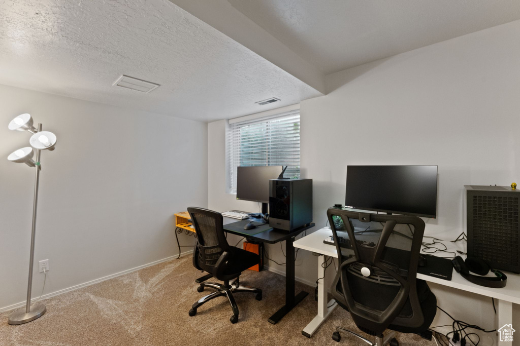 Carpeted office featuring baseboards and a textured ceiling