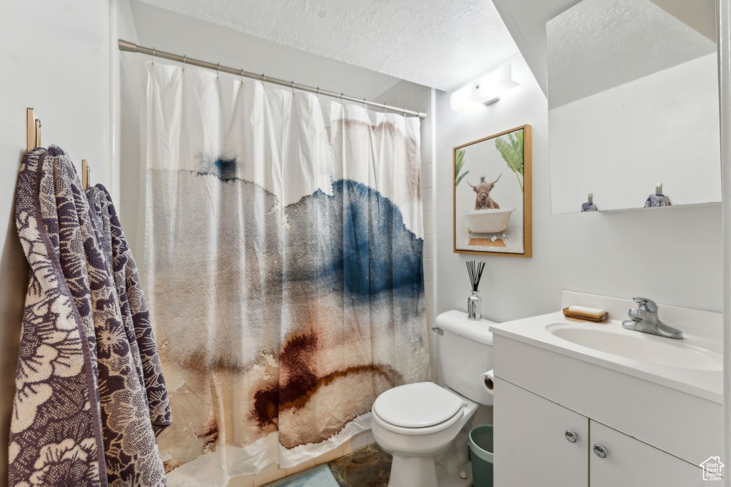 Full bathroom with a textured ceiling, vanity, toilet, and a shower with curtain