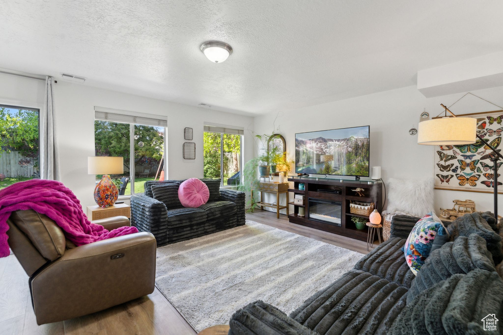 Living area featuring wood finished floors and a textured ceiling