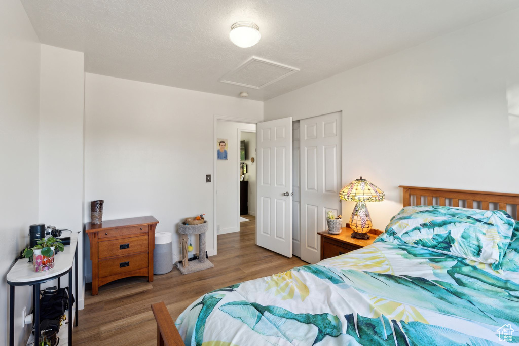 Bedroom featuring attic access, wood finished floors, and a closet
