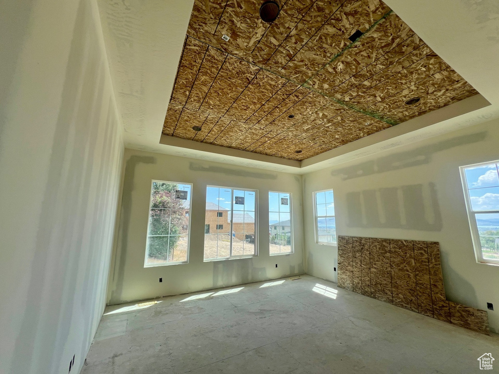Unfurnished room with a tray ceiling and healthy amount of natural light