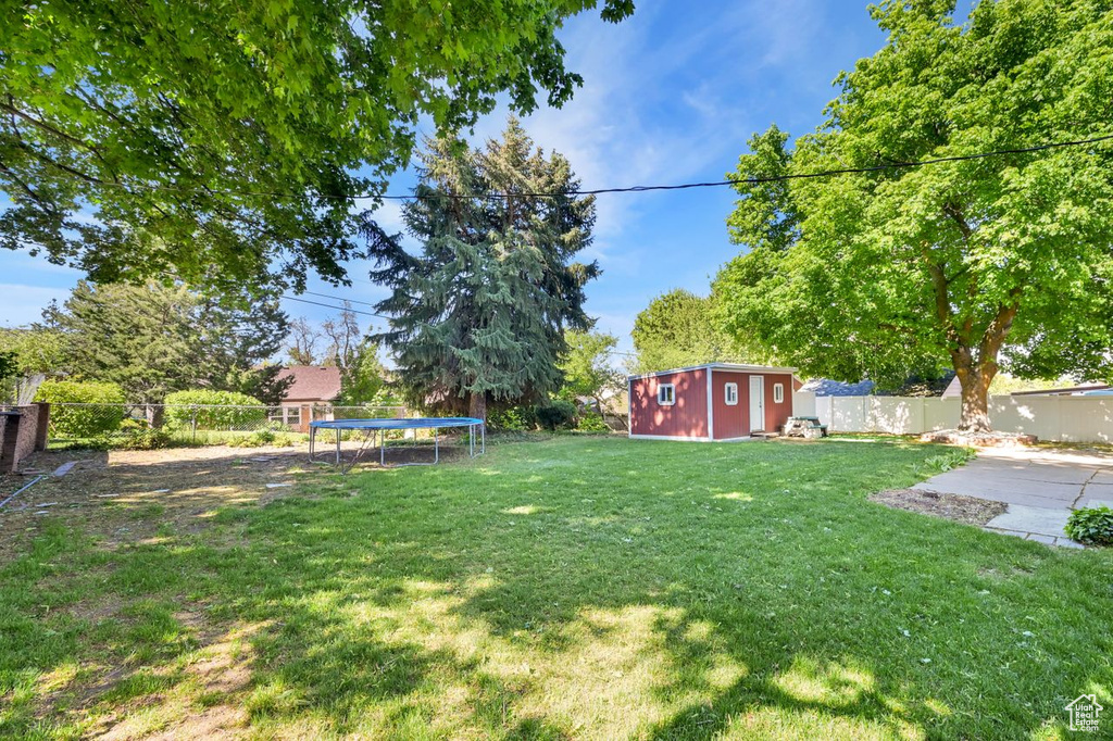 View of yard with a trampoline, a storage unit, an outdoor structure, and a patio area