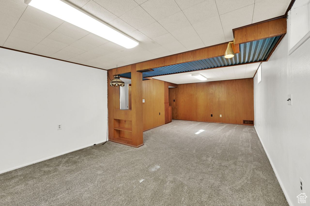 Finished basement with wooden walls, carpet, and baseboards