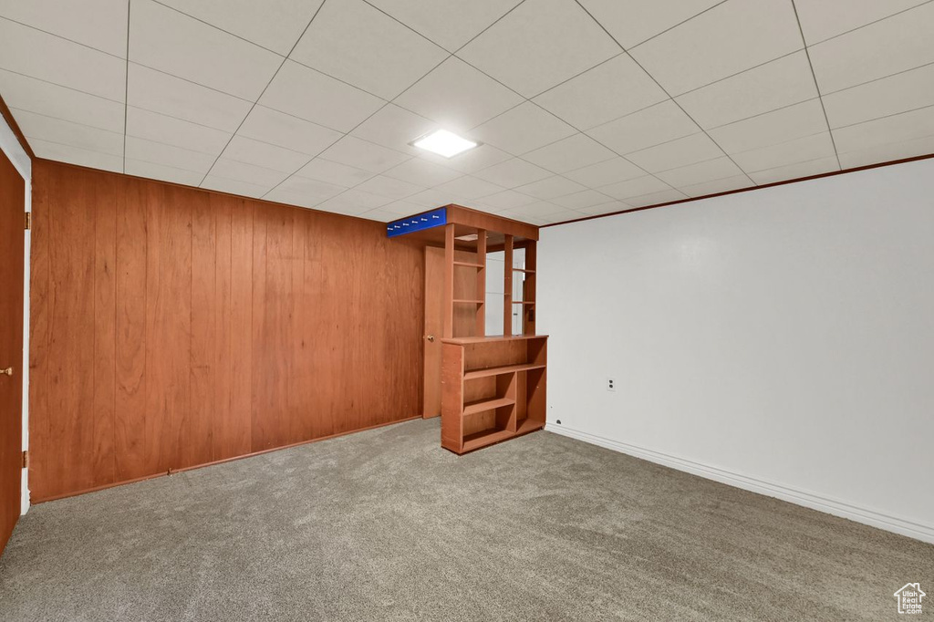 Finished basement with carpet and wood walls