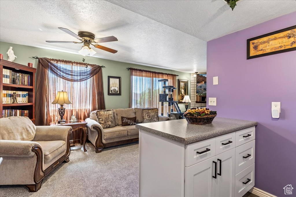 Living area featuring a textured ceiling, ceiling fan, and light colored carpet