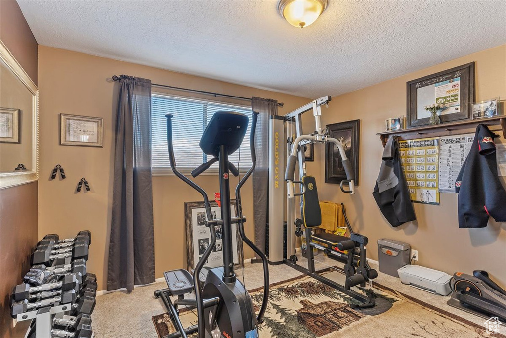 Exercise area featuring light colored carpet, a textured ceiling, and baseboards