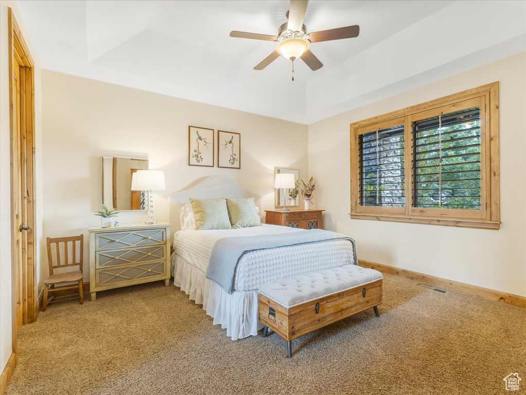 Bedroom featuring carpet flooring, a raised ceiling, baseboards, and ceiling fan