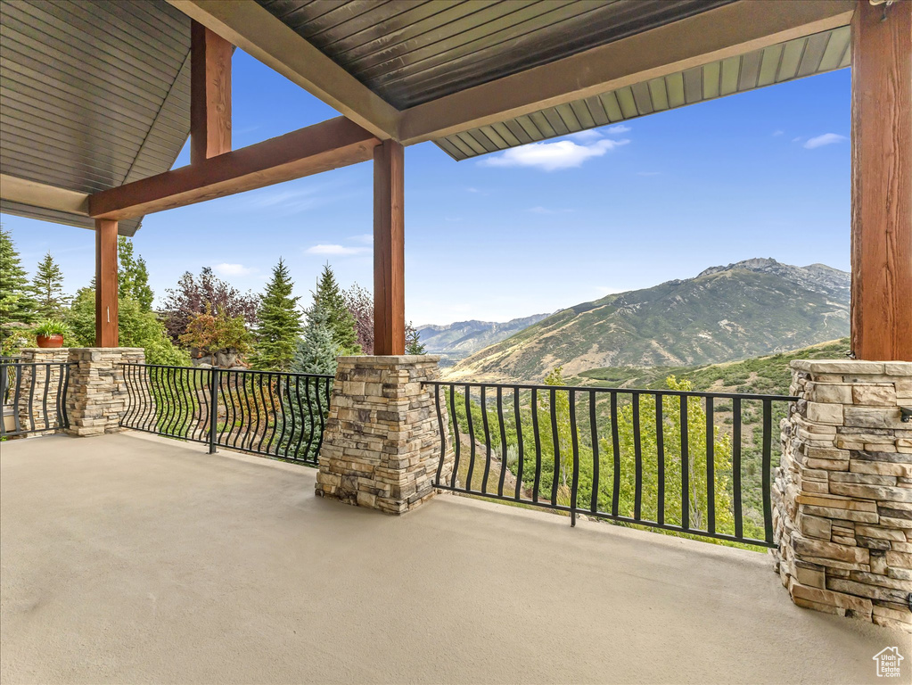 View of patio / terrace with a mountain view