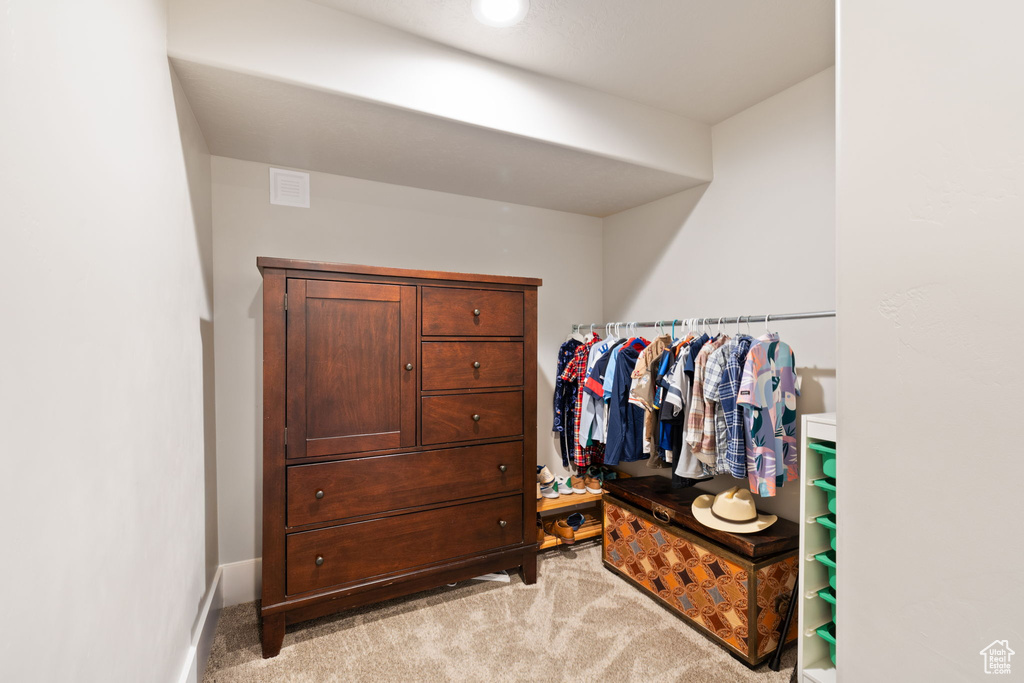 Walk in closet featuring light colored carpet