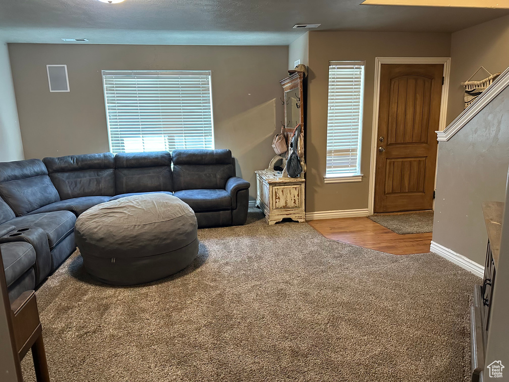 Carpeted living room featuring baseboards