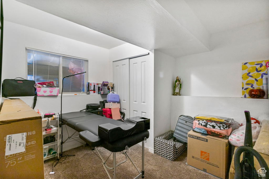 Bedroom featuring carpet floors and a closet