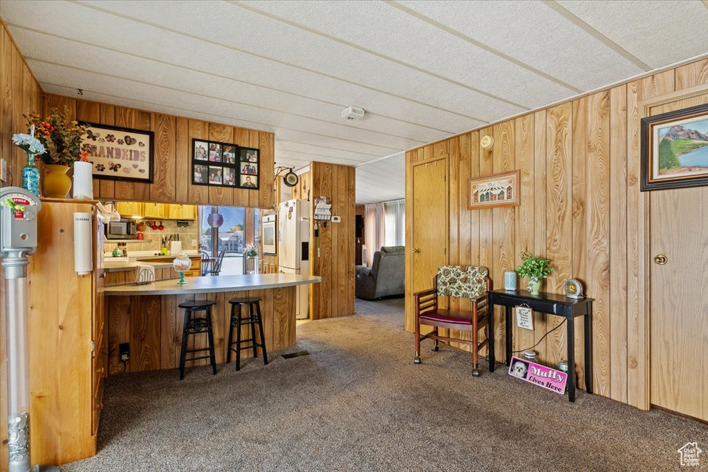 Interior space featuring carpet and wooden walls
