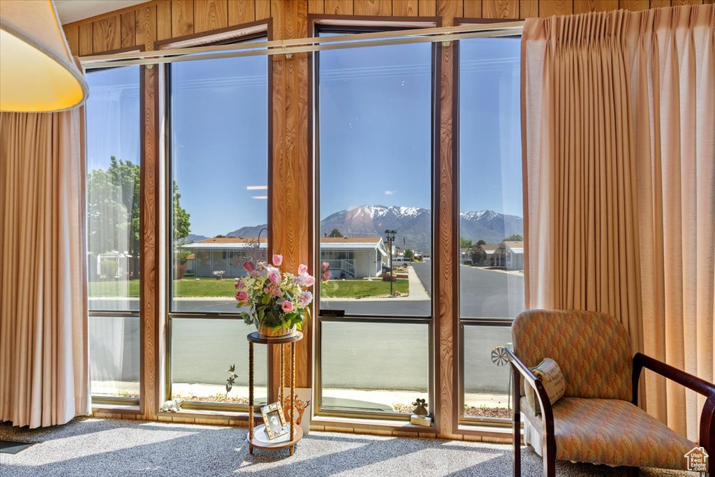 Doorway with a mountain view, carpet, healthy amount of natural light, and wooden walls