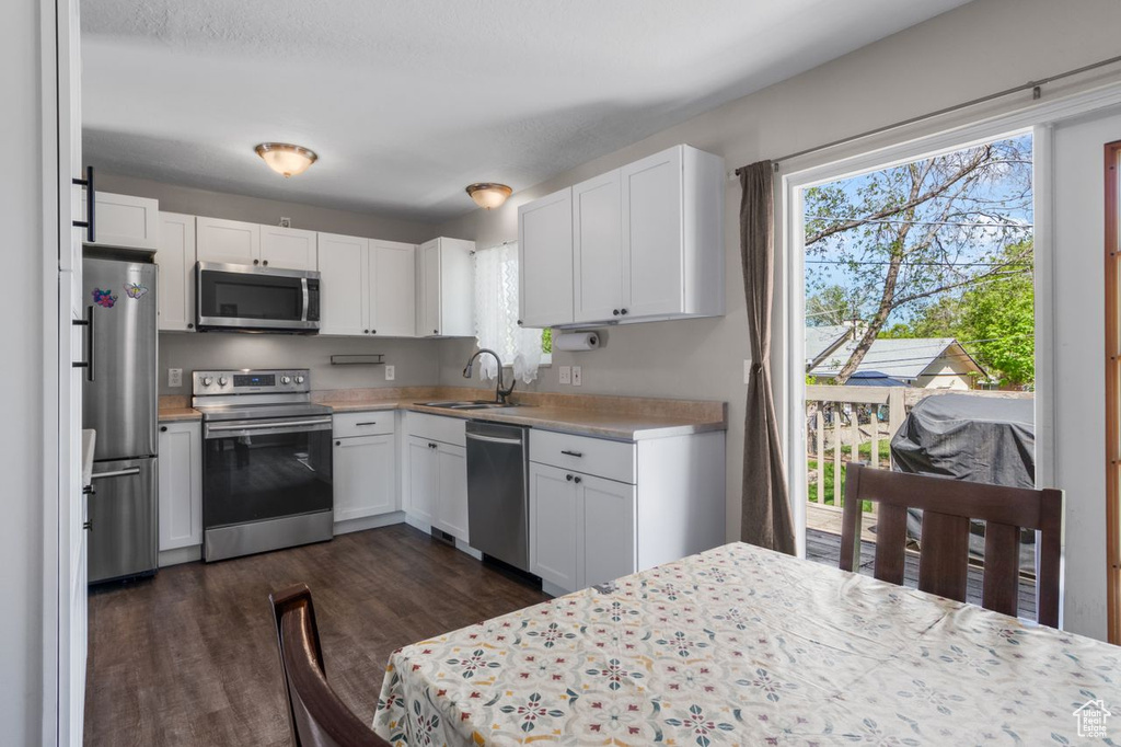 Kitchen with appliances with stainless steel finishes, plenty of natural light, a sink, and light countertops