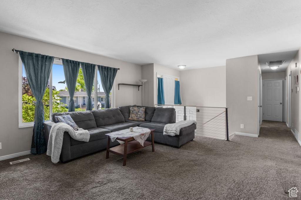 Carpeted living area featuring baseboards