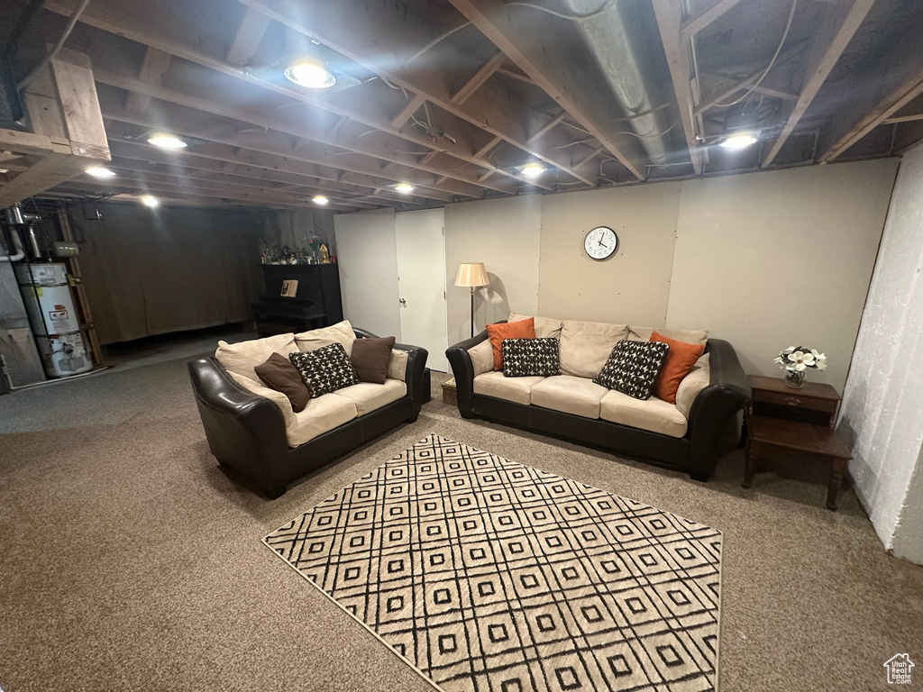 Living area featuring water heater and carpet