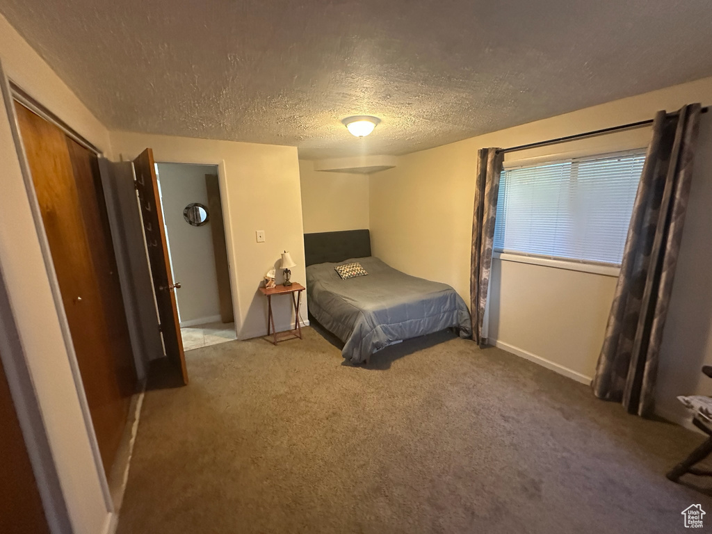 Bedroom featuring a textured ceiling, carpet, and baseboards