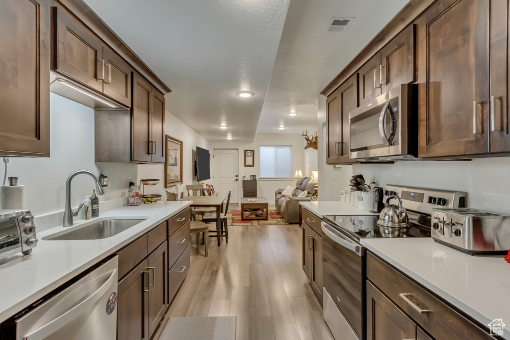 Kitchen featuring stainless steel appliances, a sink, light wood-style flooring, light countertops, and open floor plan